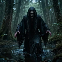 photo of a mystical figure in occult robes sneaking through a swamp, cinematic lighting, highly detailed, horror, epic