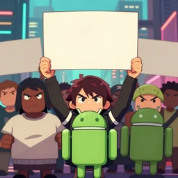 angry protesters holding placards, digital illustration by greg rutkowski, android netrunner, cyberpunk city background, colored lighting