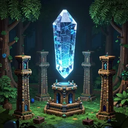 4k Pylons are furniture items that appear as a large stone or crystal hovering and rotating above a biome-themed stand from Terraria Game , Surrounded deep forest from terraria game by Craig Mullins, ilya kuvshinov, krenz cushart, epic , artgerm trending on artstation by Edward Hopper and Dan Mumford and WLOP and Rutkovsky, beksinski carl spitzweg moebius and tuomas kocar, intricate artwork by caravaggio, Unreal Engine 5, Lumen, Nanite
