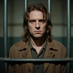 medium shot portrait of hannibal lecter locked up in a cell, faded color film, russian cinema, mario testino, tarkovsky, technicolor, shallow depth of field, long brown hair, old clothing, brown color palette, low light, criminal institute, 4 k, dramatic lighting, concept art, trending on artstation