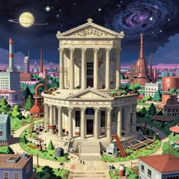 a beautiful very detailed anime illustration of urbex building athenaeum nature industrial architecture architecture city unfinished building abandoned by wes anderson, retrowave cosmic universe, archdaily, wallpaper, highly detailed, trending on artstation.