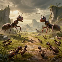 landscape cinematic of a war between giant ants and wizards epic, raytracing, render, VFX