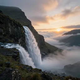 photo of epic mountain landscape, waterfall, sunset, cinematic, cinematic, art by michael shainblum, low clouds