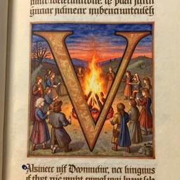 medieval illuminated manuscript of a bonfire party at sunset around the letter v, 8 k, sharp focus, lighting study, octane render
