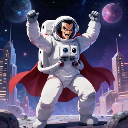closeup of vampire astronauts dancing in front of a space city on an alien planet, highly detailed, vibrant, anime, beautiful cosmic sky