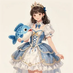 girl wearing a fancy dress and holding a fish plush, digital drawing, trending fan art, by ssozzues