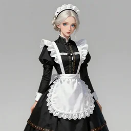 full body!! illustration of a beautiful platinum blonde victorian maid. beautiful slender face, playful updo, big blue eyes, fine pointy chin, slender nose, high cheek bones, soft lips. maid in a black dress with white apron. lace, embroidery, leather, studs. intricate, elegant, highly detailed, digital painting, artstation, concept art, smooth, sharp focus, illustration, art by artgerm and greg rutkowski