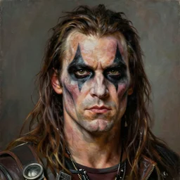 portrait of charlie day ( ( charlie from its always sunny in philadelphia ) ) as warlord villain character ( with facepaint ) in mad max 2 : the road warrior, film still, detailed realism face in painting, detailed beautiful portrait, oil painting masterpiece, 8 k resolution, smooth, sharp focus, trending on artstation, by rembrandt