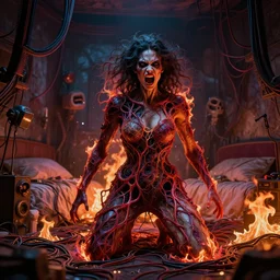 flash photography, rgb, woman, bedroom full of fire, rage, cinematic, movie scene, inspired by zdzislaw beksinski, clothes made out of veins,, cables everywhere, bedroom, ultra realistic, concept art, intricate details, highly detailed, photorealistic, octane render, 8 k