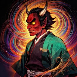 side profile centered painted portrait, oni demons in ghost of tsushima, matte painting concept art, japanese art, beautifully backlit, swirly vibrant color lines, fantastically gaudy, aesthetic octane render, 8 k hd resolution, by greg rutkowski