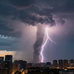 a photograph of a tornado tornado tornado, thunderstorm supercell, lightning bolts, illuminated from various angles by setting sun light, cinematic, dramatic lighting, clouds mystic hue, cityscape, skyscrapers