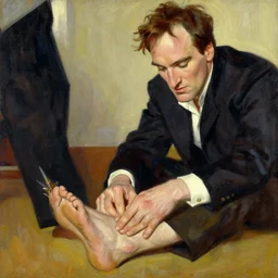 quentin tarantino caressing feet, painting by jc leyendecker!! phil hale!, angular, brush strokes, painterly, vintage, crisp
