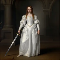renaissance painting of miranda otto as eowyn wearing a white dress holding a sword