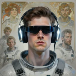 future coder man looking on, sleek cyclops display over eyes and sleek bright headphoneset, neon accent lights, desaturated headshot portrait painting by dean cornwall, john berkey, rhads, tom whalen, alex grey, alphonse mucha, donoto giancola, astronaut cyberpunk electric fashion photography