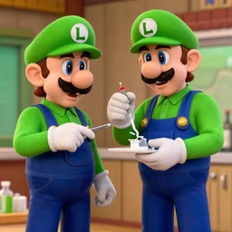 luigi from mario games in green overalls and walter white making meth together, still from a tv series