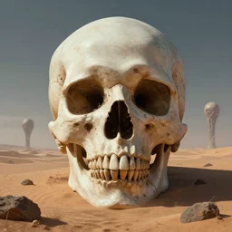 epic composition of a stylized skull over alien desert landscape by stuart lippincott, glenn brown and peter gric featuring bekinski. fantastic realism. realistic render. 8 k trending on behance