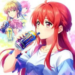 anime girl drinks energy drink, colorful, tsuruta kenji, murata range, pixiv, vibrant, magical fantasy, karolis strautniekas, james jean, yanjun cheng, art deco, art nouveau, digital art, enchanted, owls, kyoto animation
