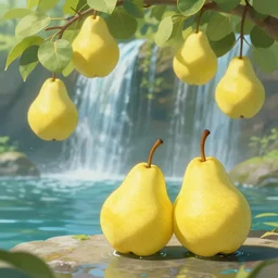close up of low hanging yellow pears, pond, waterfalls, by james gurney, low angle shot, concept art, intricate, hyper detailed, volumetric lighting, sharp focus, octane render, trending on artstation, 8 k