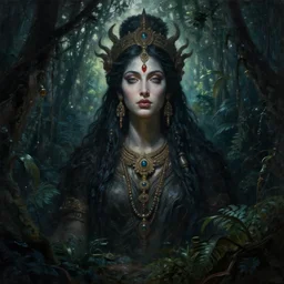a dark cinematic masterpiece oil painting portrait of a colossal epic majestic gothic indian tribal tribal goddess of beauty and youth, midnight in jungle, by tim hildebrandt, by wayne barlowe, by zdzisław beksinski, trending on artstation, featured on pixiv, cinematic composition, beautiful lighting, sharp, hyper - detailed, head and upper body only, hd 8 k