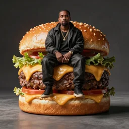 kanye west sitting on a giant cheeseburger