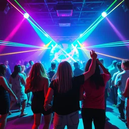 friends dancing at an alternative concert facing the camera, crowd in the back, neon lines, colorful, very abstract style