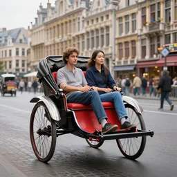 rickshaw driving through bruxelles, wide shot, ultrarealistic, detailed, ( ( ( depth of field ) ) ), crisp details, sharp details, photorealism, colorful, cinematic, horizon forbidden west trending on artstation, masterpiece, by greg rutkowski, studio ghibli, by ross tran, by fenghua zhong, octane, soft render