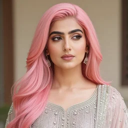 portrait photograph of an extremely beautiful!!!! young pakistani female, Distant look on her face, natural light, wearing a diamond armor suir! Pink hair. Blue eyes. Standing on a Japanese neon lit street. looking at the camera!!. super resolution. Extremely detailed. Graflex camera!, bokeh!!!!! trending on artstation.
