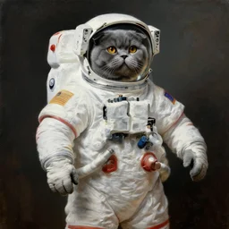 a painting of a grey chubby scottish fold in an astronaut suit, posing proudly, painted by rembrandt, highly detailed, atmospheric lighting, rim lighting w - 7 6 8 h - 1 6 6 4
