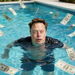 Photography of elon musk swimming in a pool surrounded by floating dollar bills