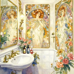 a beautifull intricate watercolor painting of a bathroom with flowers, reflexions, verry high details, colorfull, by william turner art, by greg rutkowski, by alphonse mucha, by james jean, by rossdraws, by frank franzzeta, by sakimichan, trending on artstation, very very detailed, masterpiece,