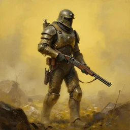 a detailed painting of a man in post apocalyptic armour and a helmet walking around a foggy wasteland holding a modified shotgun. hd. 1 9 5 0 s painting style. dark yellow colour palette.