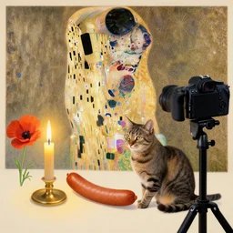 a cat with a sausage : : da vinci drawing : : 1 candlelight : : 1 dslr : : 1 gustav klimt : : 1 coquelicot color :