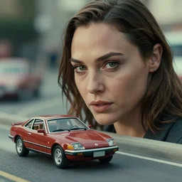 beautiful hyperrealism three point perspective film still of gal gadot car chase in matrix, extreme closeup portrait in style of frontiers in porcelain miniature photography fashion edition, miniature porcelain portrait, eye contact, tilt shift style scene background, soft lighting, kodak portra 4 0 0, 8 k, macro, cinematic style by emmanuel lubezki