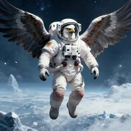 a male astronaut eagle hybrid in a spacesuit, winged astronaut, on an icy planet, sci-fi concept art by David A Hardy, artstation, pixiv