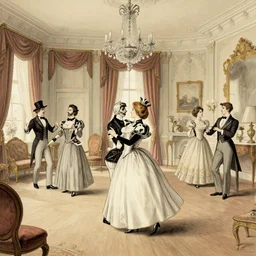 Edward Gorey illustration of a victorian living room with costumed people dancing
