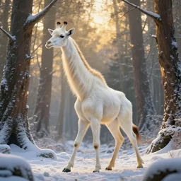 a beautiful long haired albino elk giraffe okapi hybrid creature walks thru an enchanted forest, majestic!!! beautiful!!!, ethereal!!!, loving, ultra realistic, winter, golden hour, volumetric lighting, sharp focus