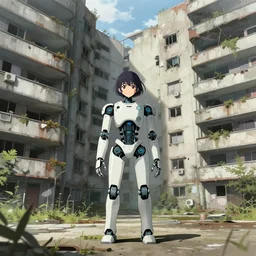 Abandoned and derelict apartment complex with a desolate robot standing in front of it  in the style of Shōjo Shūmatsu Ryokō (girl's last tour)  made by Tsukumizu, pixiv, pinterest anime, art by a known anime artist, art by manga, realistic, wide focus, 8k ultra, insanely detailed, intricate, elegant, art by Laurie Lipton, digital art