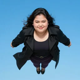 thick chubby filipina superhero, long black trench coat, sly grin, fully clothed, exaggerated perspective, flying toward camera, beautiful detailed face, bright blue hair, action pose, comic book style, highly detailed, dynamic shadows, dynamic lighting, geoff johns, jason fabok, jason fabok, brad anderson, splash art