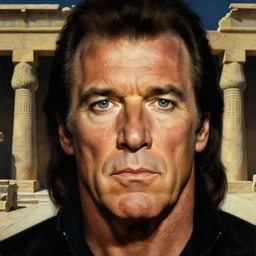 a closer personal portrait of vince mcmahon with very piercing eyes, very charismatic. in the old ancient temple of luxor. masterpiece, dark. painted by norman rockwell and james gurney