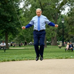 benjamin netanyahu jumping a skip rope in a public park by norman rockwell