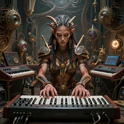 a centered photo of a post apocalyptic tribal cyborg playing synthesizers in the most complicated fractal and technical musical studio, powerful, cinematic, beautifully lit, by donato giancola, by artgerm, by karol bak, 3 d, perfect face and body, trending on artstation, octane render, 8 k