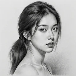 pencil drawing, black and white, portrait of a beautiful young woman, loose pony tail, fine details, dramatic lighting