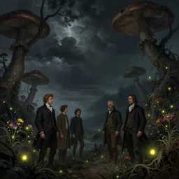 a beautiful digital illustration painting of a detailed foreboding skies fantasy fireflies and roots, dark mushroom, flowers by benoit b. mandelbrot, steven belledin, martin johnson heade, lee madgwick, caspar david friedrich, and david rios ferreira. 8 k resolution trending on artstation concept art digital illustration
