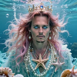 “ johnny depp portrait, fantasy, mermaid, hyperrealistic, game character, underwater, highly detailed, sharp focus, cinematic lighting, pearls, glowing hair, shells, gills, crown, water, highlights, starfish, jewelry, realistic, digital art, pastel, magic, fiction, ocean, king, colorful hair, sparkly eyes, fish, heroic, god, waves, bubbles, king ”
