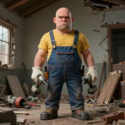 grumpy chunky bald handyman with electric drills! as hands, in a wrecked home, full body, hyperrealistic digital art masterpiece, highly detailed neo pop surrealism, jason limon kay sage hannah yata, dramatic lighting, low angle, uhd 8 k, sharp focus