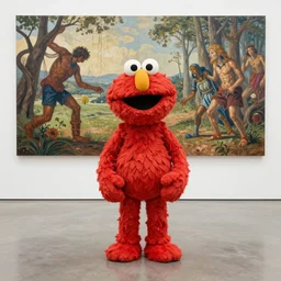 elmo standing in the middle of epic artwork by dan seagrave
