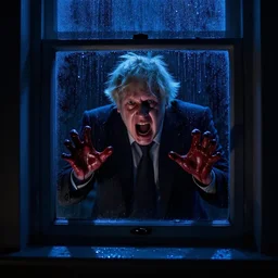 photo of dark blue rainy bedroom window at night, dimly lit creepy | screaming face of boris johnson staring in through the window, bloody hands, horror, scary face, demonic face,