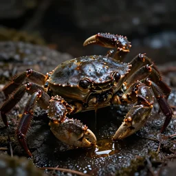 a dark and oily crab dripping oil, threatening