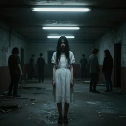 creepy woman wearing white dress standing in the backrooms, the eerie forlorn atmosphere of a place that's usually bustling with people but is now abandoned and quiet, buzzing fluorescent lights above the ceiling, unsettling images, liminal space, dark,