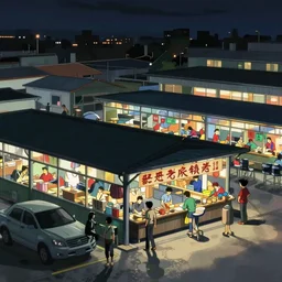 a hawker centre at night, by satoshi kon